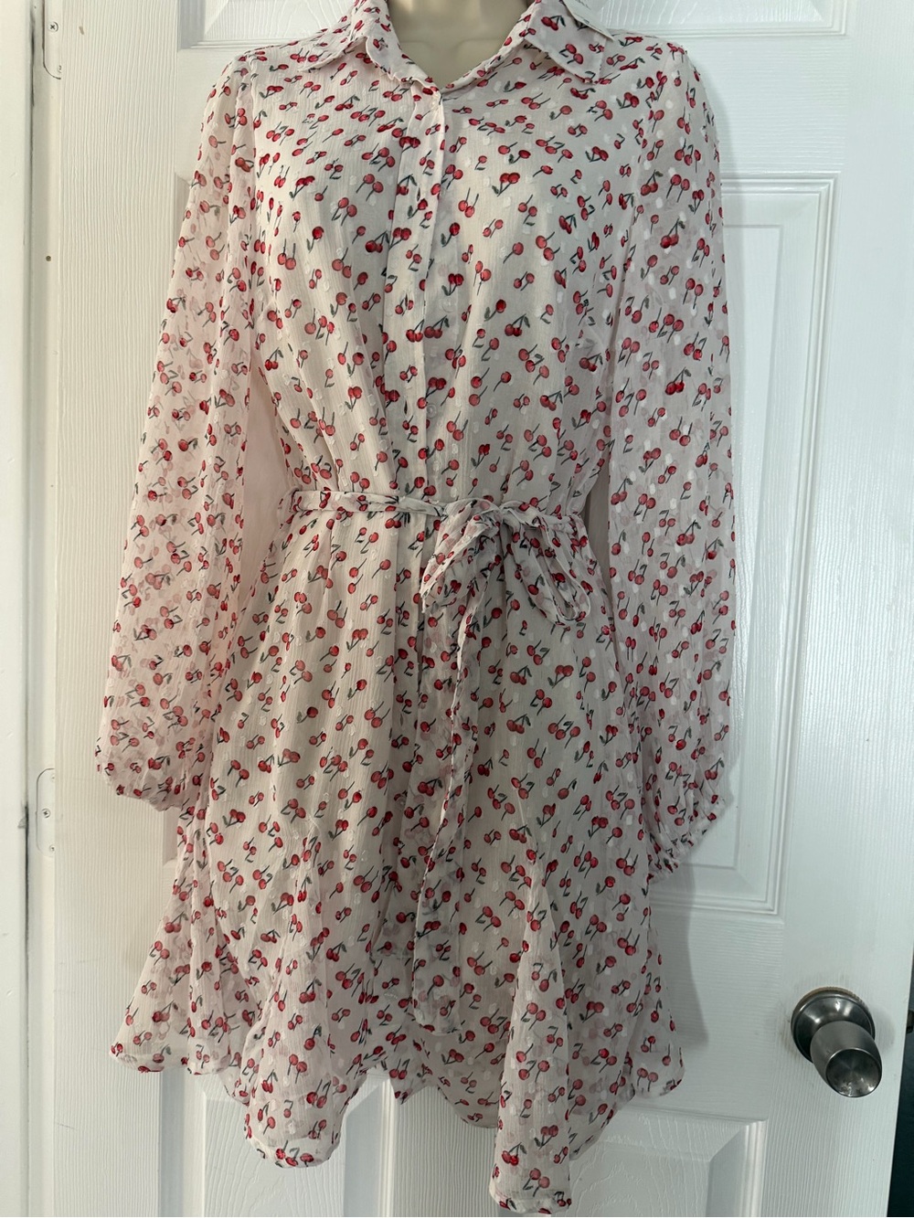 On 34th NWT Cherry Print Belted Shirt Dress XS $129.50